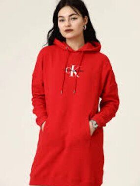 Calvin Klein  Rhinestone Logo Long Sleeve Hooded Dress Big Size